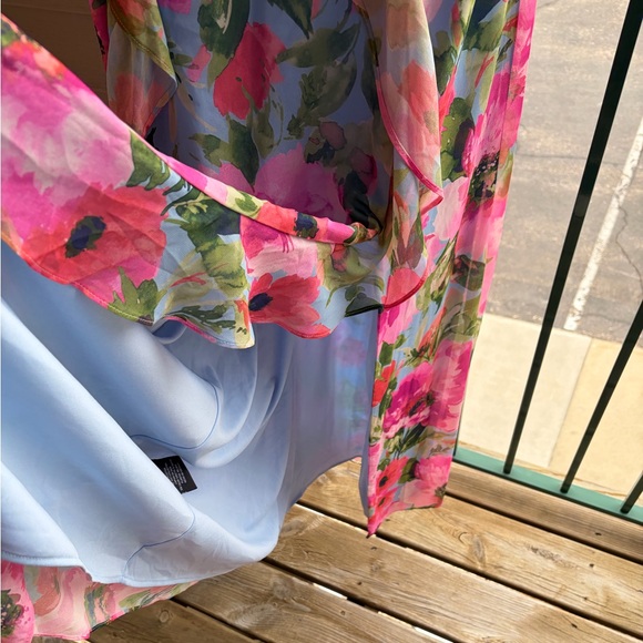 🆕 Xscape Floral Chiffon Halter Maxi Dress Size 12 Pink Blue Ruffle Formal Gown - Picture 13 of 17